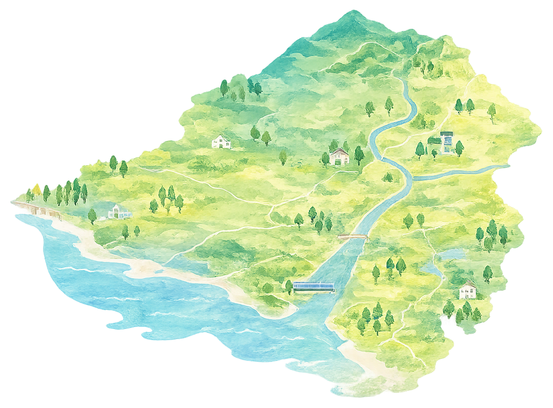 糸魚川市の自然と事業所を表現した水彩イラストマップ